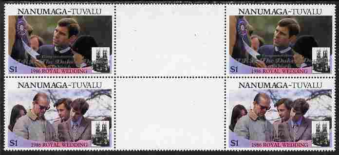 Tuvalu - Nanumaga 1986 Royal Wedding (Andrew & Fergie) $1 with Congratulations opt in silver in unissued perf inter-paneau block of 4 (2 se-tenant pairs) unmounted mint f..., stamps on royalty, stamps on andrew, stamps on fergie, stamps on 