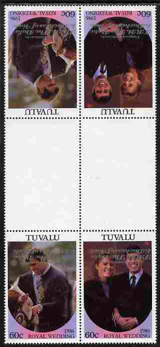 Tuvalu 1986 Royal Wedding (Andrew & Fergie) 60c with 'Congratulations' opt in silver in unissued perf tete-beche inter-paneau block of 4 (2 se-tenant pairs) with overprint inverted on one pair unmounted mint from Printer's uncut proof sheet, minor wrinkles, stamps on , stamps on  stamps on royalty, stamps on  stamps on andrew, stamps on  stamps on fergie, stamps on  stamps on 