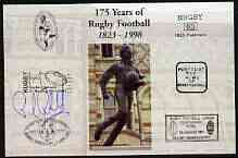 Postcard privately produced in 1998 (coloured) for the 175th Anniversary of Rugby, signed by Paul Rendall (England - 28 caps) unused and pristine, stamps on , stamps on  stamps on rugby, stamps on  stamps on sport