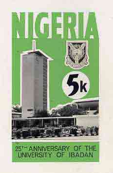 Nigeria 1973 Ibadan University - partly hand-painted original artwork for 5k value (Tower) on card 5 x 8.5, stamps on buildings  education