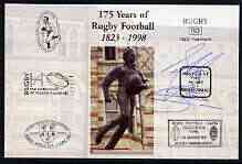 Postcard privately produced in 1998 (coloured) for the 175th Anniversary of Rugby, signed by Stuart Barnes (England - 10 caps, British Lions & Sky Sports Commentator) unused and pristine, stamps on rugby, stamps on sport
