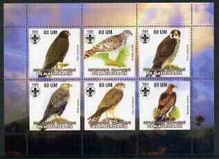 Mauritania 2002 Birds of Prey #3 perf sheetlet containing 6 values (Eagle, Buzzards, Falcons & Hawks) each with Scout logo unmounted mint, stamps on , stamps on  stamps on birds, stamps on  stamps on birds of prey, stamps on  stamps on falcon, stamps on  stamps on hawk, stamps on  stamps on eagles, stamps on  stamps on scouts