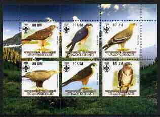 Mauritania 2002 Birds of Prey #5 perf sheetlet containing 6 values (Eagles, Falcons & Hawks) each with Scout logo unmounted mint, stamps on , stamps on  stamps on birds, stamps on  stamps on birds of prey, stamps on  stamps on falcon, stamps on  stamps on hawk, stamps on  stamps on eagles, stamps on  stamps on scouts