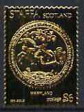 Staffa 1974 Seals of the 13 Original American States #07 (Maryland) A36 perf label embossed in 23 carat gold foil (Rosen SF 273 cat A330) unmounted mint, stamps on , stamps on  stamps on americana, stamps on  stamps on seals, stamps on  stamps on heraldry, stamps on  stamps on arms, stamps on  stamps on horses