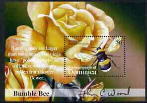 Dominica 2002 Flora & Fauna perf m/sheet (Bumble Bee on Rose), signed by Thomas C Wood the designer, unmounted mint, stamps on , stamps on  stamps on insects, stamps on  stamps on bees, stamps on  stamps on honey, stamps on  stamps on roses, stamps on  stamps on flowers