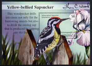 Dominica 2002 Flora & Fauna perf m/sheet (Yellow-Bellied Sapsucker), signed by Thomas C Wood the designer, unmounted mint, stamps on birds, stamps on kingfisher