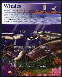 Dominica 2002 Flora & Fauna perf composite sheetlet containing 6 values (Whales), signed by Thomas C Wood the designer, unmounted mint, stamps on , stamps on  stamps on whales, stamps on  stamps on mammals, stamps on  stamps on coral, stamps on  stamps on marine life, stamps on  stamps on lighthouses