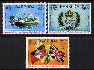 Barbuda 1977 Royal Visit set of 3 unmounted mint (SG 345-7), stamps on , stamps on  stamps on royalty, stamps on flags, stamps on royal visit