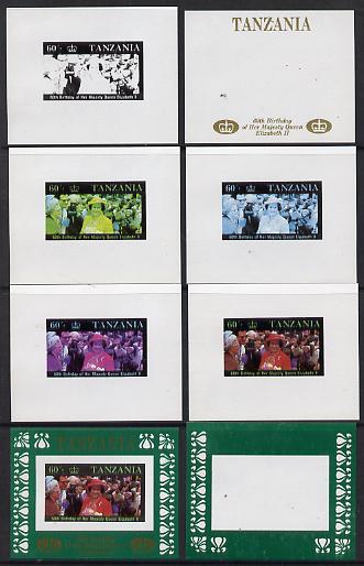 Tanzania 1987 Queen's 60th Birthday the unissued 60s sheetlet in set of 8 progressive colour proofs comprising individual colours, various 2, 3 or 4 colour composites plus the completed design unmounted mint, stamps on royalty, stamps on 60th birthday