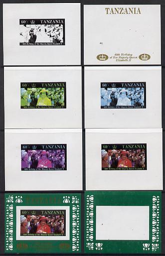 Tanzania 1987 Queens 60th Birthday the unissued 60s sheetlet in set of 8 progressive colour proofs comprising individual colours, various 2, 3 or 4 colour composites plus..., stamps on royalty     60th birthday