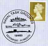 Postmark - Great Britain 2003 cover for Naval Task Group 03 with special Devonport cancel illustrating various ships, stamps on ships, stamps on submarines