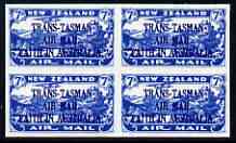 New Zealand 1934 Trans-Tasman Faith in Australia 7d blue imperf block of 4 being a Hialeah forgery on gummed paper (as SG 554), stamps on aviation, stamps on , stamps on  kg5 , stamps on , stamps on forgery, stamps on forgeries