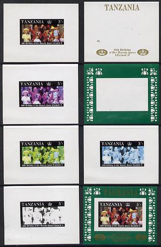 Tanzania 1987 Queen's 60th Birthday the unissued 5s sheetlet in set of 8 progressive colour proofs comprising individual colours, various 2, 3 or 4 colour composites plus the completed design unmounted mint, stamps on royalty, stamps on 60th birthday