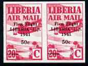 Liberia 1941 First Flight to USA 50c on 20c magenta imperf pair being a 'Hialeah' forgery on gummed paper (as SG 600), stamps on , stamps on  stamps on aviation, stamps on  stamps on flying boats, stamps on  stamps on forgery, stamps on  stamps on forgeries