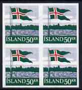 Iceland 1958 40th Anniversary of Flag 50k imperf block of 4 being a 'Hialeah' forgery on gummed paper (as SG 359), stamps on , stamps on  stamps on flags, stamps on  stamps on forgery, stamps on  stamps on forgeries