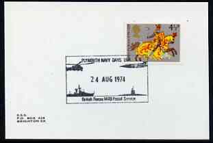 Postmark - Great Britain 1974 card bearing illustrated slogan cancellation for Plymouth Navy Days, stamps on ships, stamps on helicopters, stamps on submarines, stamps on aviation