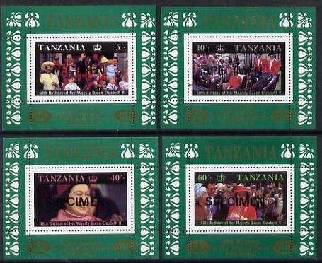 Tanzania 1987 Queen's 60th Birthday the perf set of 4 individual sheetlets (unissued) each overprinted SPECIMEN unmounted mint, stamps on , stamps on  stamps on royalty     60th birthday
