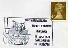 Postmark - Great Britain 1974 cover bearing illustrated cancellation for 120th Anniversary of North Eastern Railway, stamps on railways