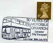 Postmark - Great Britain 1974 cover bearing illustrated cancellation for 50 Years of Motorbus Operation (Leicester), stamps on , stamps on  stamps on buses, stamps on  stamps on transport