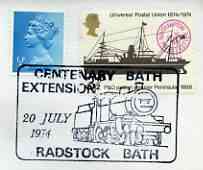 Postmark - Great Britain 1974 cover bearing illustrated cancellation for Centenary of Radstock-Bath Extension, stamps on , stamps on  stamps on railways