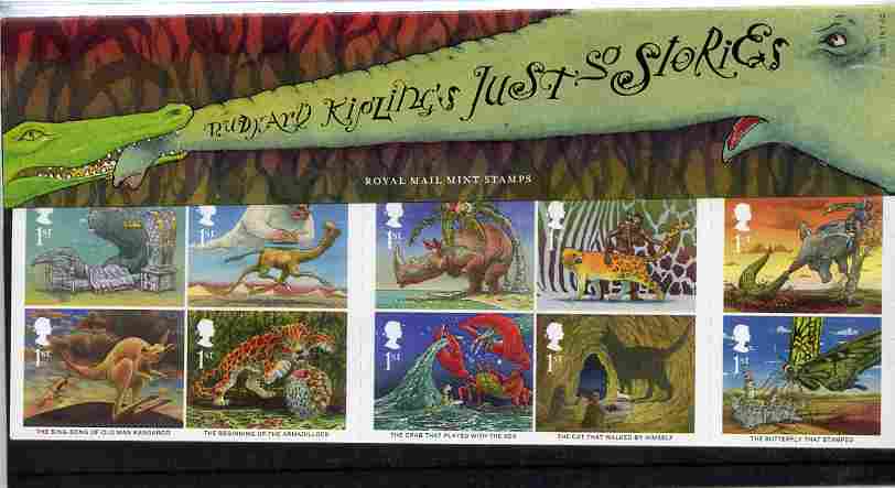 Great Britain 2002 Rudyard Kiplings Just So Stories self adhesive set of 10 in official presentation pack, SG 2243a, stamps on literature, stamps on children, stamps on fairy tales, stamps on self adhesives