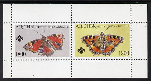 Abkhazia 1995 Butterflies (with Scout emblem) perf souvenir sheet containing 2 values unmounted mint, stamps on , stamps on  stamps on butterflies  scouts