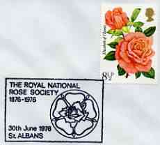 Postmark - Great Britain 1976 cover bearing illustrated cancellation for the Royal National Rose Society, stamps on flowers, stamps on roses