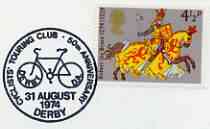 Postmark - Great Britain 1974 card bearing illustrated cancellation for Cyclists' Touring Club 50th Anniversary, Derby, stamps on bicycles
