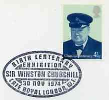Postmark - Great Britain 1974 cover bearing illustrated cancellation for Birth Centenary Exhibition of Winston Churchill (Caf\8E Royal), stamps on churchill