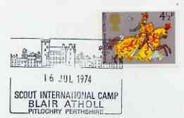 Postmark - Great Britain 1974 cover bearing illustrated cancellation for Scout International Camp, Blair Atholl, stamps on scouts, stamps on scots, stamps on scotland     