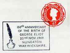 Postmark - Great Britain 1969 cover bearing illustrated cancellation for 150th Birth Anniversary of George Eliot, stamps on , stamps on  stamps on literature, stamps on  stamps on women