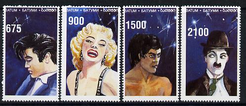 Batum 1995 Film Stars (Elvis, Marilyn Monroe, C Chaplin & Bruce Lee) perf set of 4 unmounted mint, stamps on , stamps on  stamps on music, stamps on  stamps on personalities, stamps on  stamps on elvis, stamps on  stamps on entertainments, stamps on  stamps on films, stamps on  stamps on cinema, stamps on  stamps on marilyn monroe, stamps on  stamps on comedy, stamps on  stamps on chaplin