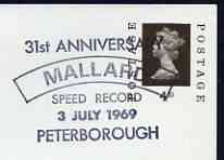 Postmark - Great Britain 1969 card bearing illustrated cancellation for Anniversary of Mallard Speed Record, stamps on railways