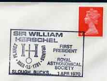 Postmark - Great Britain 1970 cover bearing illustrated cancellation for Sir William Herschel, 1st President Royal Astronomical society, stamps on personalities, stamps on astronomy