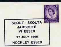 Postmark - Great Britain 1968 card bearing illustrated cancellation for Scout - Skolta Jamboree (Hockley, Essex), stamps on scouts