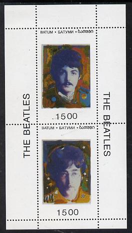 Batum 1995 Beatles set of 2 souvenir sheets each containing 2 values unmounted mint, stamps on , stamps on  stamps on entertainments, stamps on  stamps on music, stamps on  stamps on pops, stamps on  stamps on personalities, stamps on  stamps on beatles