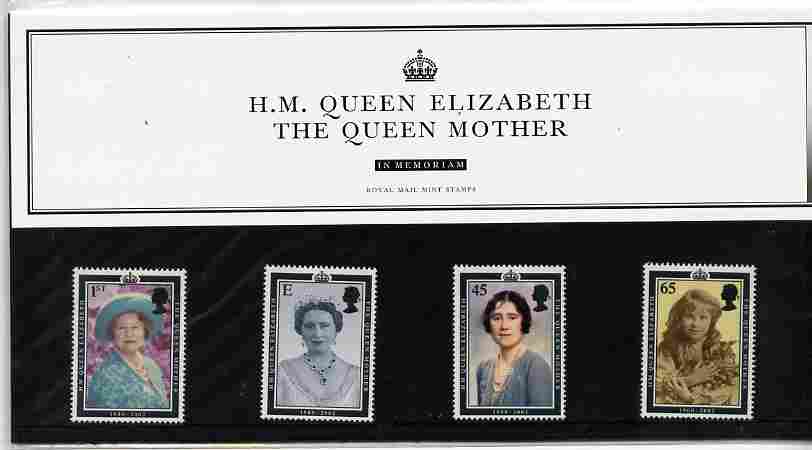 Great Britain 2002 Queen Mother Commemoration set of 4 in official presentation pack SG 2280-83, stamps on royalty, stamps on queen mother