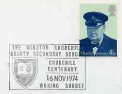 Postmark - Great Britain 1974 card bearing illustrated cancellation for Winston Churchill Secondary School (Woking), stamps on churchill, stamps on education
