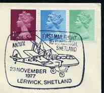 Postmark - Great Britain 1977 cover bearing illustrated cancellation for 40th Anniversary First Mail Flight to Sumburgh (Lerwick), stamps on , stamps on  stamps on aviation, stamps on  stamps on postal