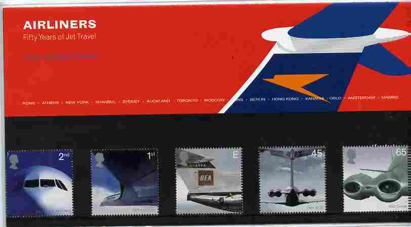 Great Britain 2002 Airliners - 50 Years of Jet Travel set of 5 in official presentation pack SG 2284-88, stamps on , stamps on  stamps on aviation, stamps on  stamps on concorde, stamps on  stamps on comet, stamps on  stamps on trident, stamps on  stamps on vc-10