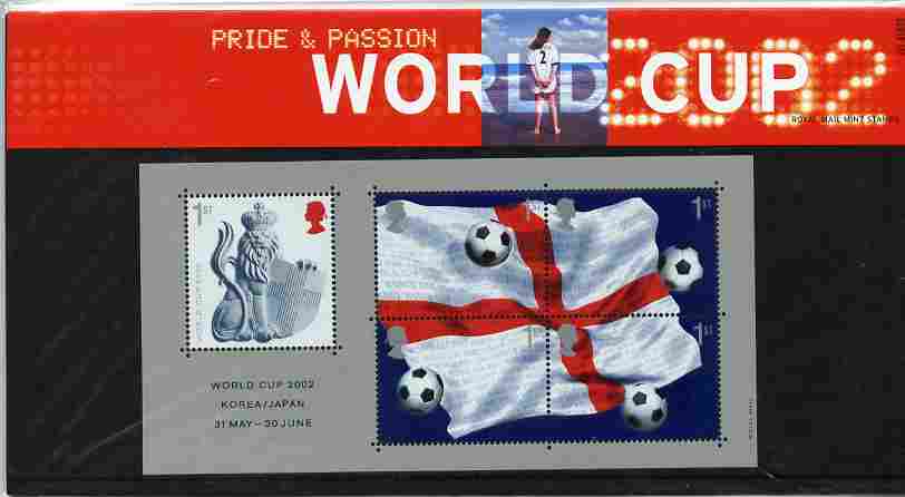 Great Britain 2002 Football World Cup m/sheet containing 5 x first class stamps in official presentation pack SG MS 2292, stamps on football, stamps on flags, stamps on sport