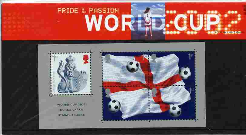 Great Britain 2002 Football World Cup m/sheet containing 5 x first class stamps in official presentation pack SG MS 2292, stamps on football, stamps on flags, stamps on sport