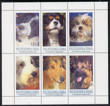 Touva 1995 Dogs perf sheetlet containing set of 6 values unmounted mint, stamps on animals, stamps on dogs, stamps on collie, stamps on  gsd , stamps on shihtzu, stamps on king charles spaniel 