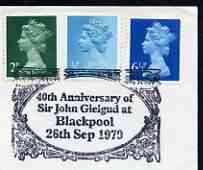 Postmark - Great Britain 1979 cover bearing illustrated cancellation for 40th Anniversary of Sir John Gielgud at Blackpool, stamps on , stamps on  stamps on personalities, stamps on  stamps on entertainments, stamps on  stamps on theatres