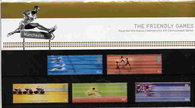 Great Britain 2002 Commonwealth Games set of 5 in official presentation pack SG 2299-2303, stamps on sport, stamps on swimming, stamps on running, stamps on bicycles, stamps on long jump, stamps on disabled