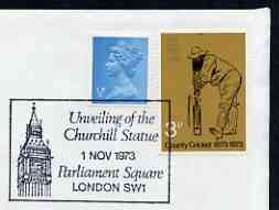 Postmark - Great Britain 1973 cover bearing illustrated cancellation for Unveiling the Churchill Statue (Parliament Square), stamps on , stamps on  stamps on churchill, stamps on  stamps on statues, stamps on  stamps on london, stamps on  stamps on clocks