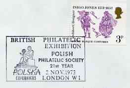 Postmark - Great Britain 1973 cover bearing illustrated cancellation for British Philatelic Exhibition (Polish Phil Soc), stamps on , stamps on  stamps on stamp exhibitions