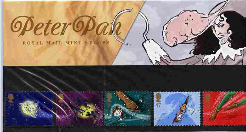 Great Britain 2002 Peter Pan perf set of 5 in official presentation pack SG 2304-08, stamps on , stamps on  stamps on children, stamps on  stamps on clocks, stamps on  stamps on crocodiles, stamps on  stamps on pirates, stamps on  stamps on fairy tales, stamps on  stamps on , stamps on  stamps on scots, stamps on  stamps on scotland