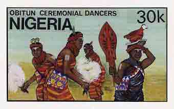 Nigeria 1986 Nigerian Life Def series - original hand-painted artwork for 30k value (Obitun Dancers) on card 8.5 x 5, stamps on dancing