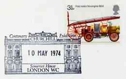 Postmark - Great Britain 1974 card bearing illustrated cancellation for Birth Centenary Exhibition of Winston Churchill (Somerset House), stamps on churchill